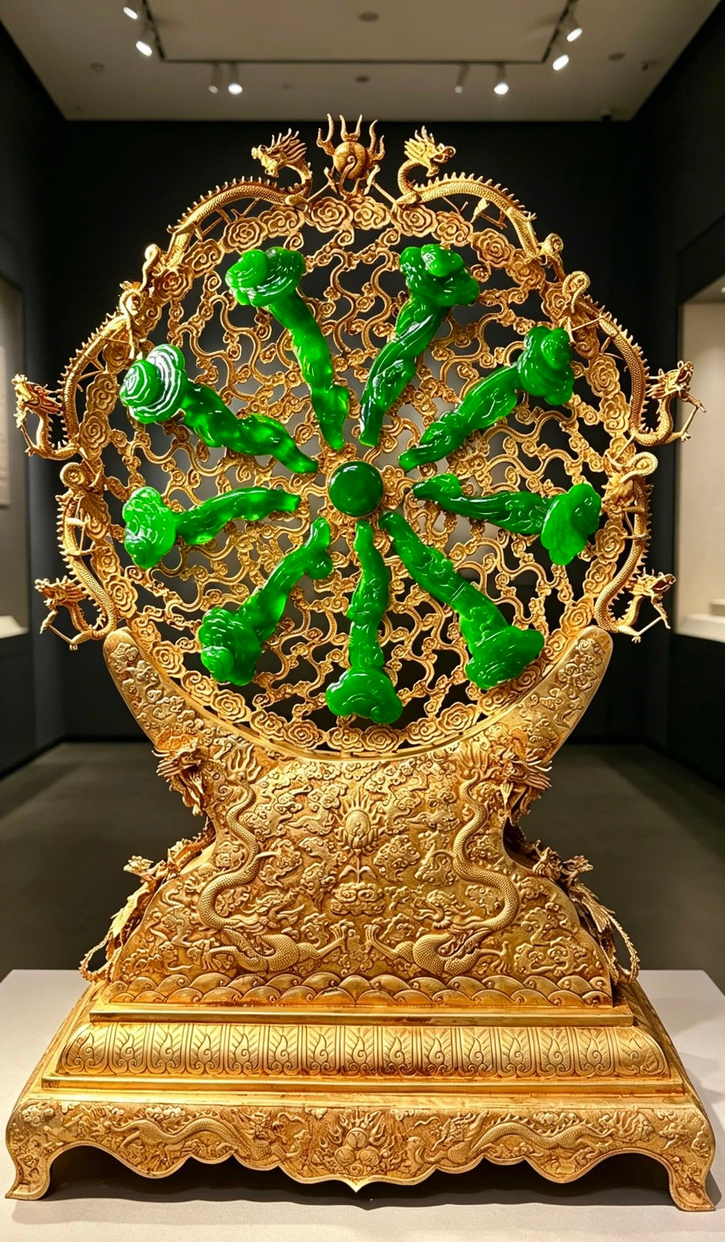 Qing Dynasty copper gilded inlaid jade screen insert: Height: 100cm, Width: 68cm,