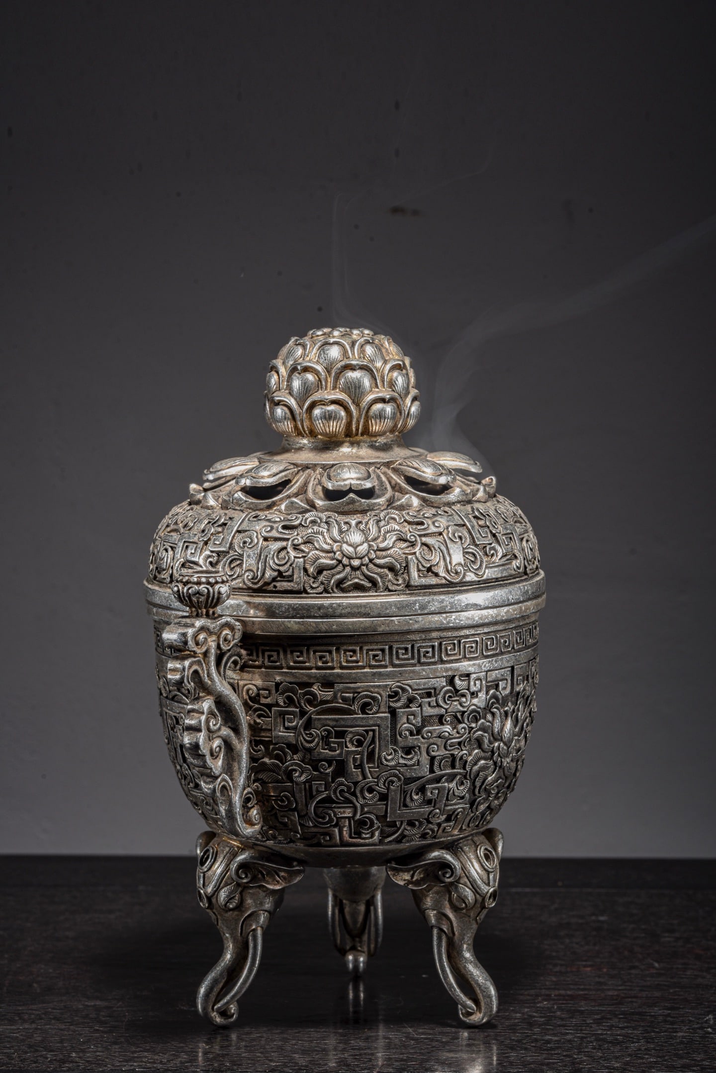 Qing Dynasty tin silver three legged stove (1 of 9)