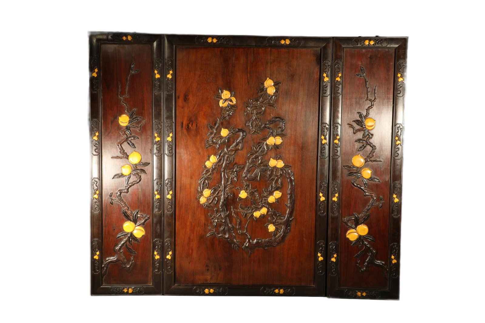 A set of three Qing Dynasty yellow pear inlaid with purple sandalwood carved with auspicious and: Huanghuali wood Zitan-inlaid fortune-longevity hanging screen set of three, Zitan-inlaid fortune-longevity pattern in screen center, symbolizing both fortune and longevity, rare as a set. Dimensions: 