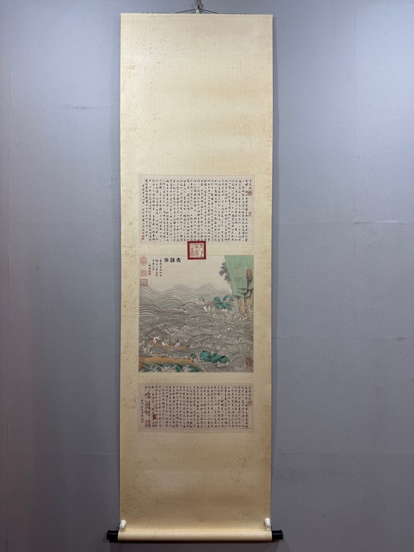 Wen Zhengming's Red Cliff Tour Painting and Calligraphy Vertical Axis: Red Cliff tour painting and calligraphy hanging scroll, ink and color on silk, depicting Su Shi's night tour at Red Cliff, boating on river, green-blue mountains, calligraphy colophons above and below