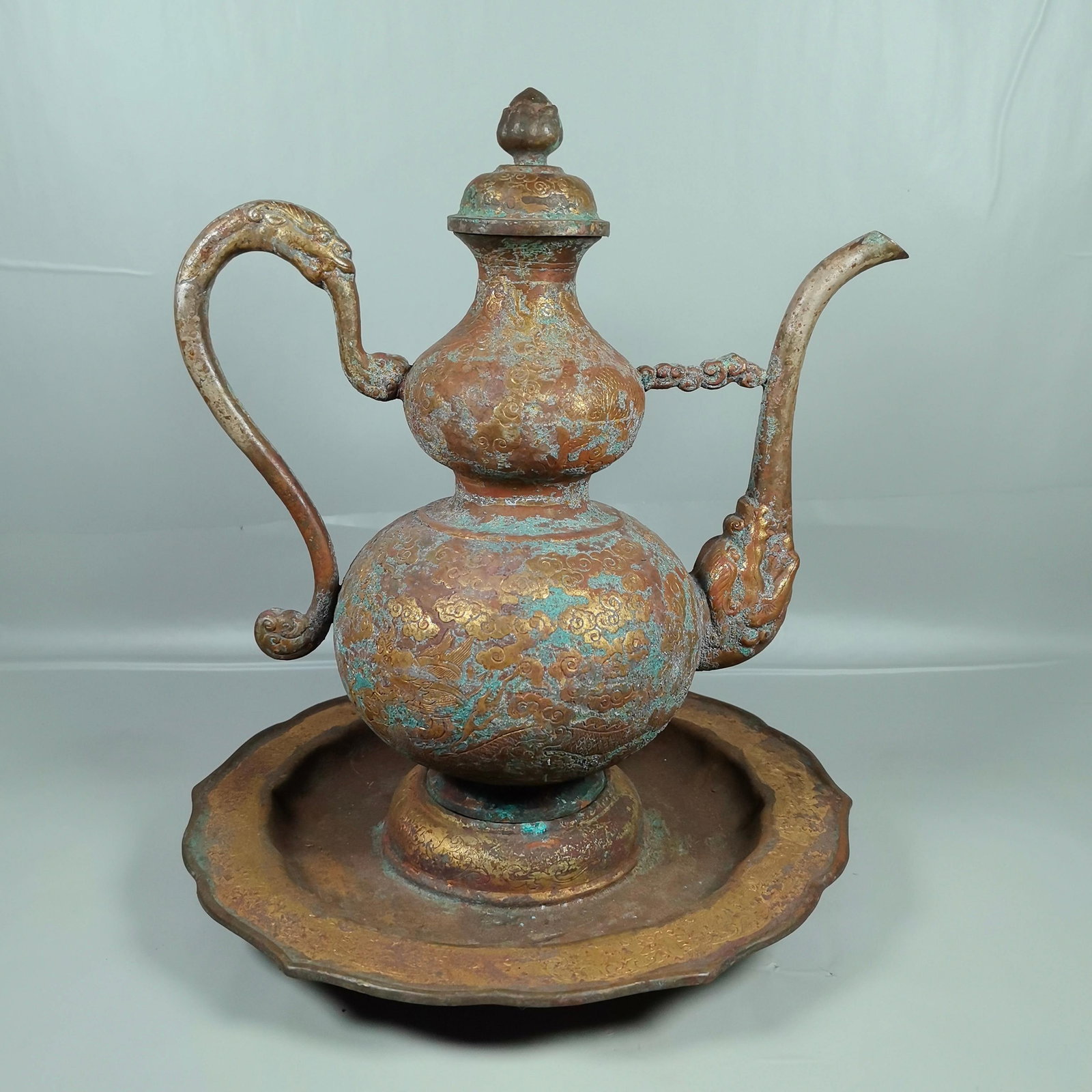 Qing Dynasty copper gilded golden dragon patterned gourd shaped teapot with tray (1 of 9)