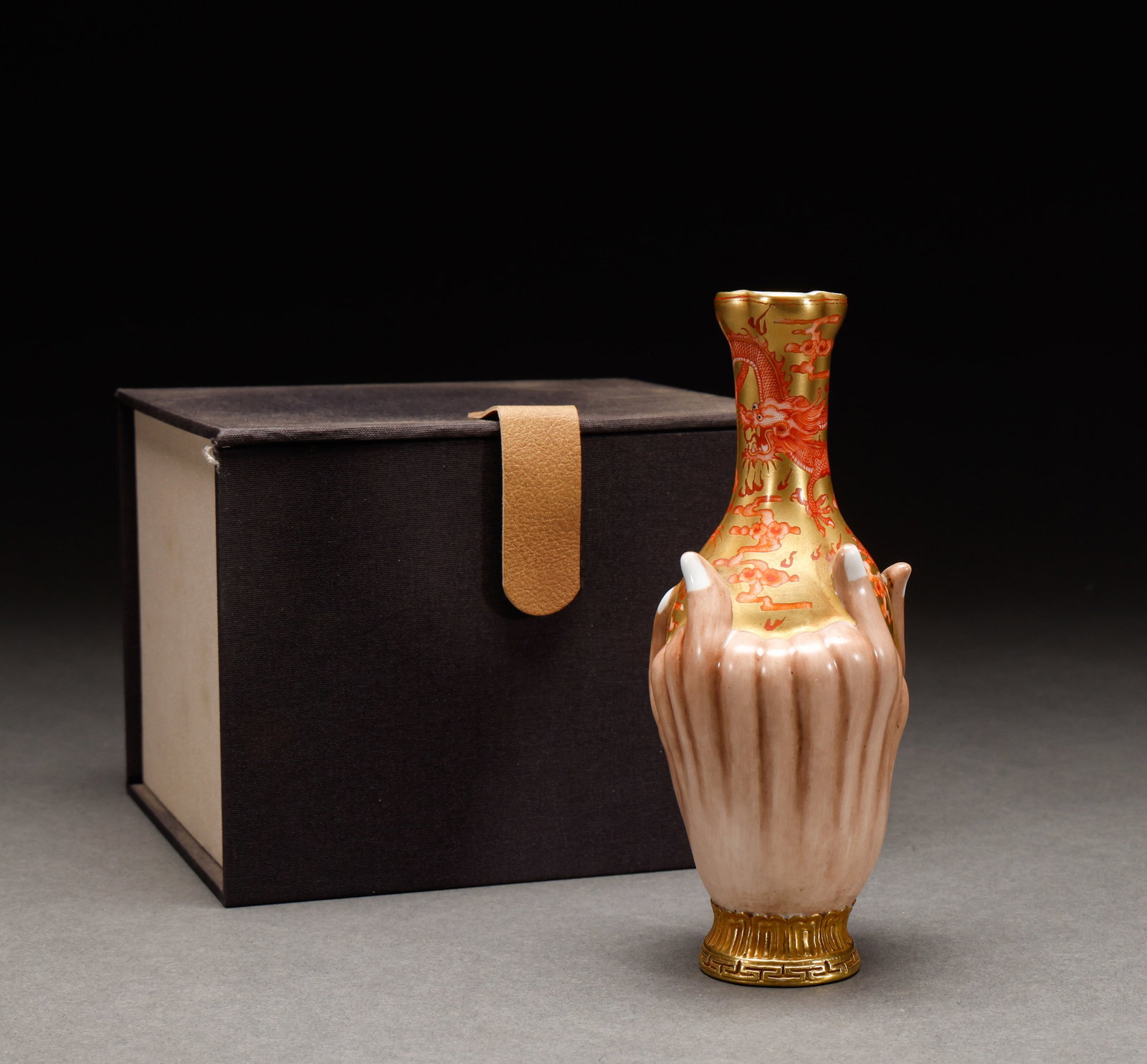Qing Dynasty Golden Alum Red Colored Buddha Handed Vase (1 of 9)