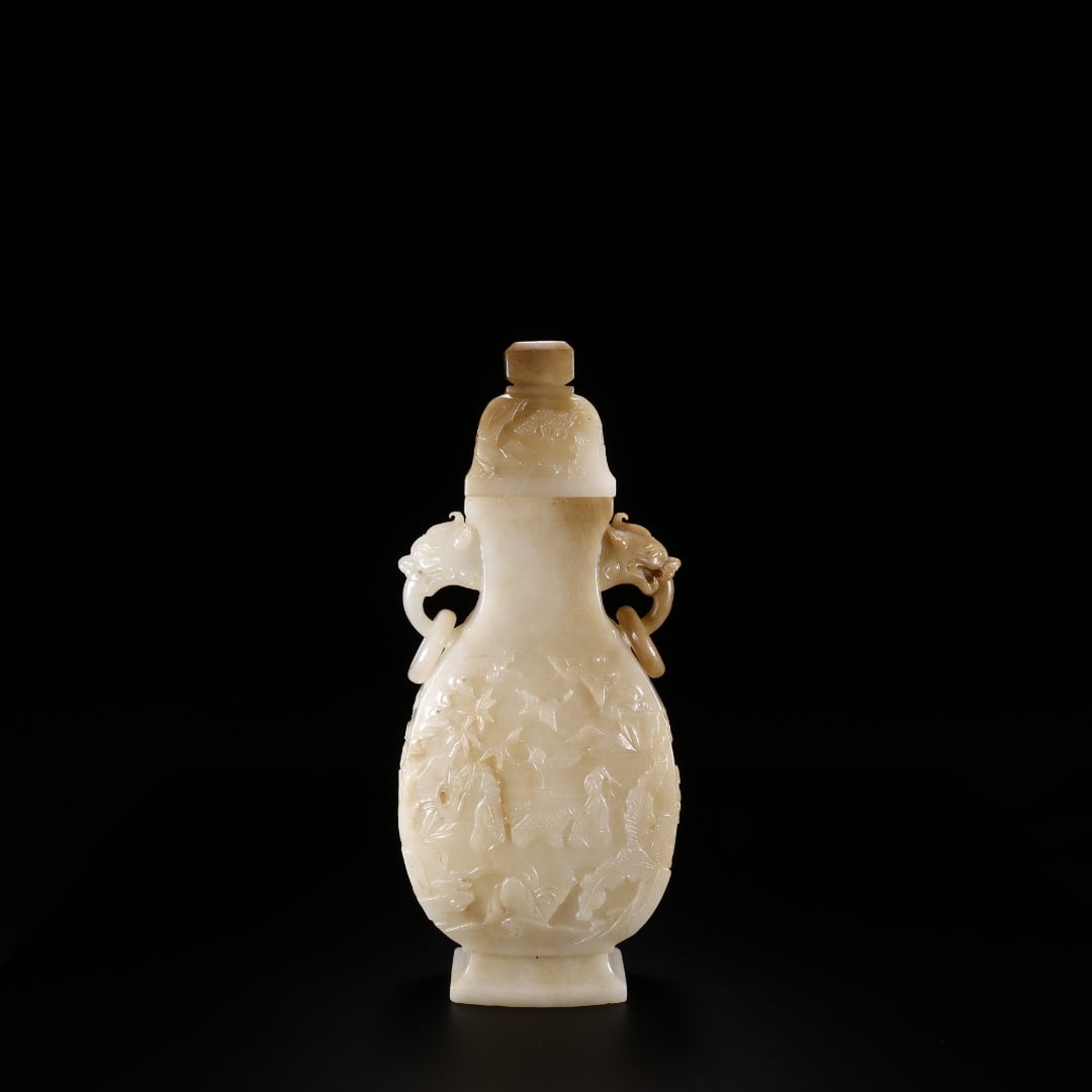 Qing Dynasty White Jade Carving Character Story Dragon Ear Active Ring Bottle (1 of 9)