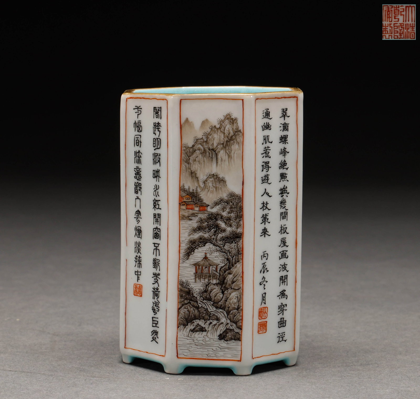 Six sided pen holder for ink colored landscape poetry and prose in the Qing Dynasty: Ink-color landscape poem hexagonal brush pot, hexagonal brush pot, ink-color painted landscape scene, poem inscribed on both sides, turquoise green glaze on base. Height: 9.8cm, Width: 6.5cm, Weight: 