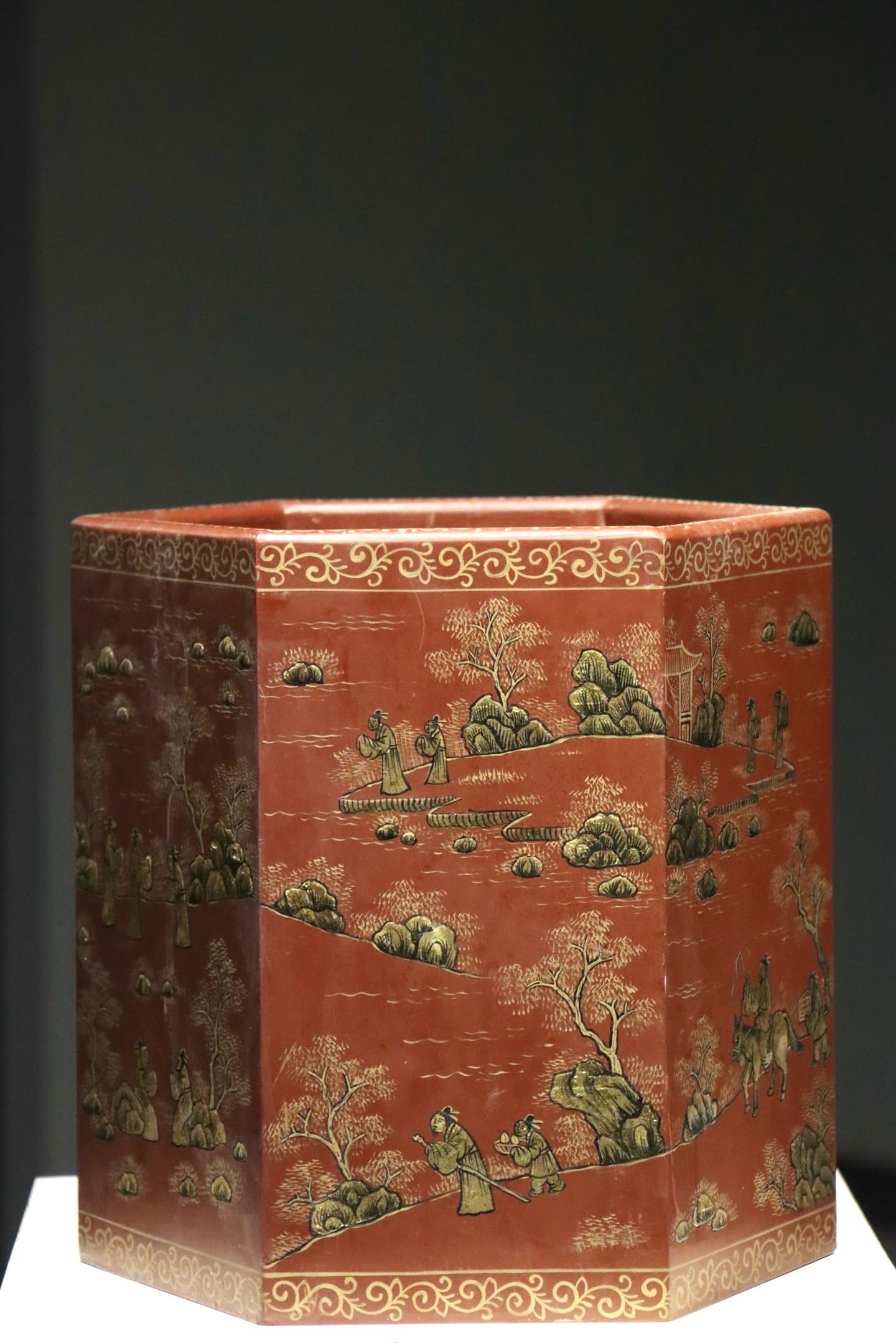 Qing Dynasty Red Lacquer Six sided Pen Holder for Gold Painting of Mountains, Waters, and Figures (1 of 9)