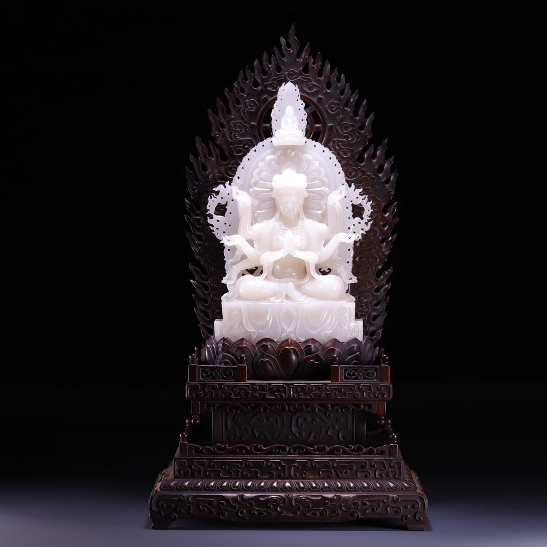 Qing Dynasty White Jade Carving Eight Armed Guanyin Sitting Statue (1 of 9)