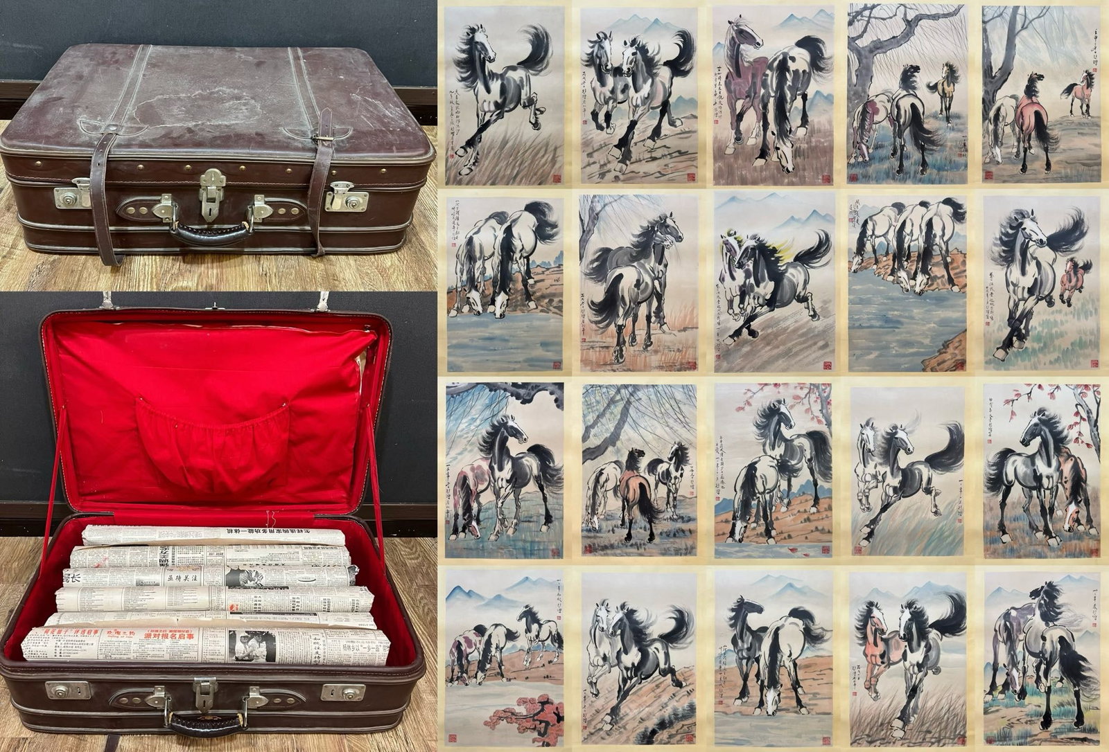 One box of Xu Beihong's galloping horse brochure pages: Xu Beihong style galloping horse painting album in a trunk, leather trunk, containing twenty galloping horse paintings, ink and color on paper, depicting galloping horses in various poses, Xu Beihong 