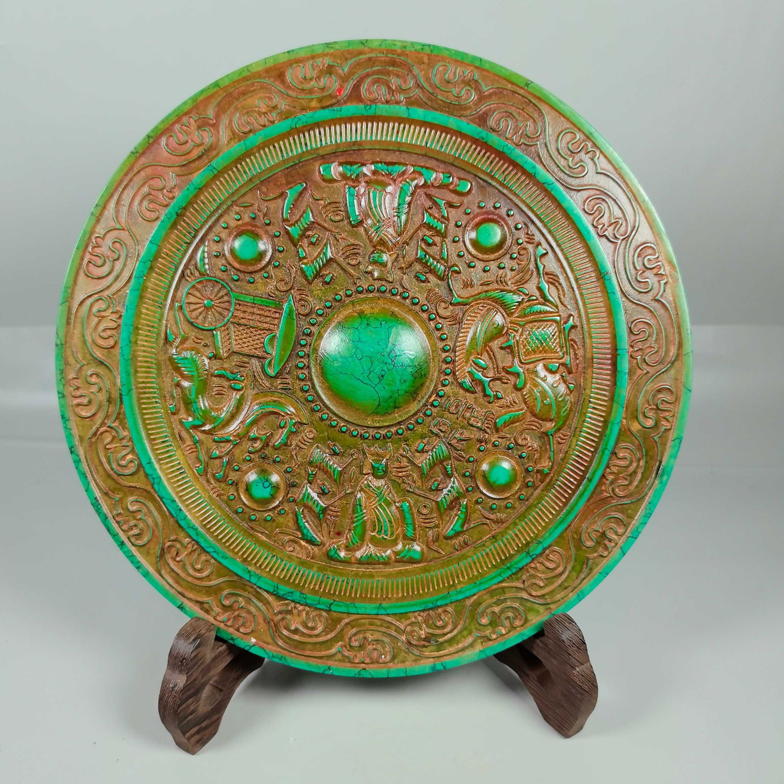 Qing Dynasty turquoise relief chariot, horse, and figure patterned mirror (1 of 10)