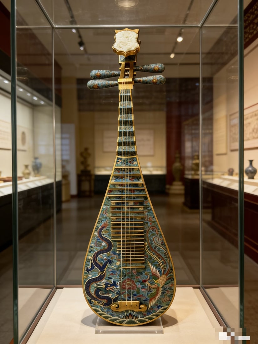 Qing Dynasty cloisonn ?? enamel inlaid jade dragon and phoenix patterned pipa (1 of 8)