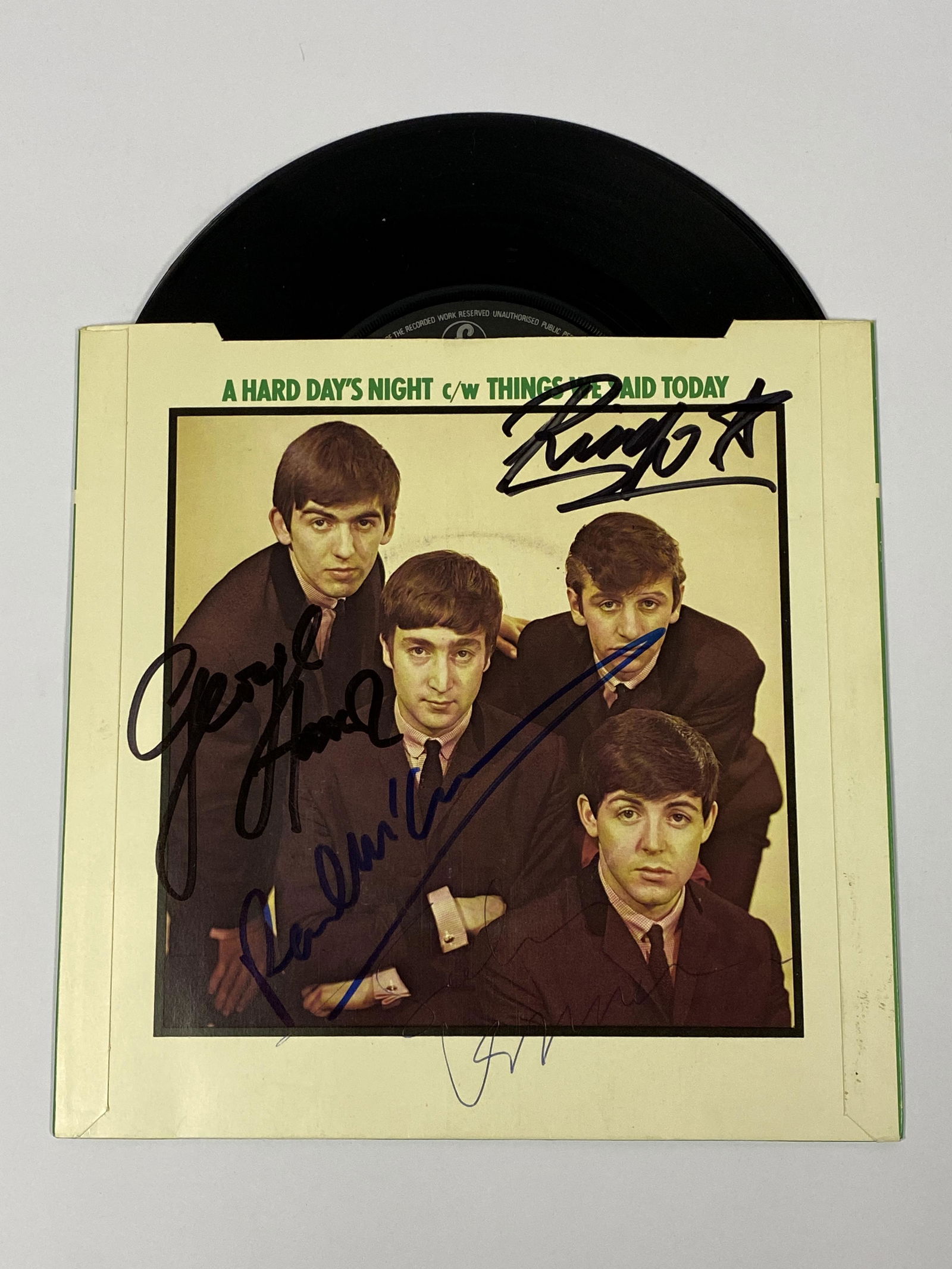 Autograph Beatles Single Vinyl: Size: 7"Autograph: Paul Mccartney, Ringo Starr, George Harrison, John Lennon