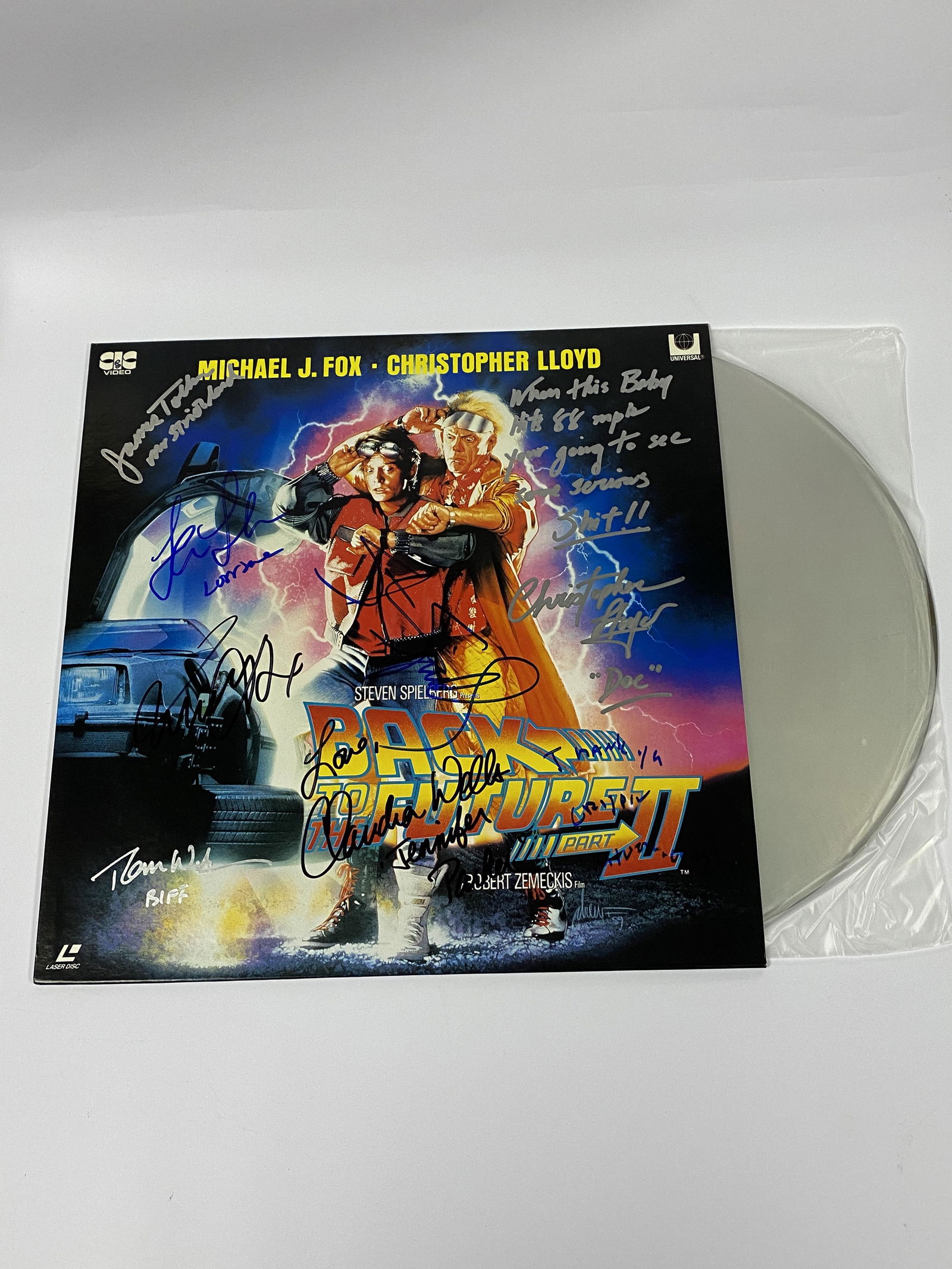 Autograph Back To Future II Vinyl: Category: CollectiblesAutograph: Michael J Fox, Christopher Lloyd, Lea Thompson, Tom Wilson, Claudia Wells, James Tolkan, Steven Spielberg, Crispin Glover Item Condition: Brand New