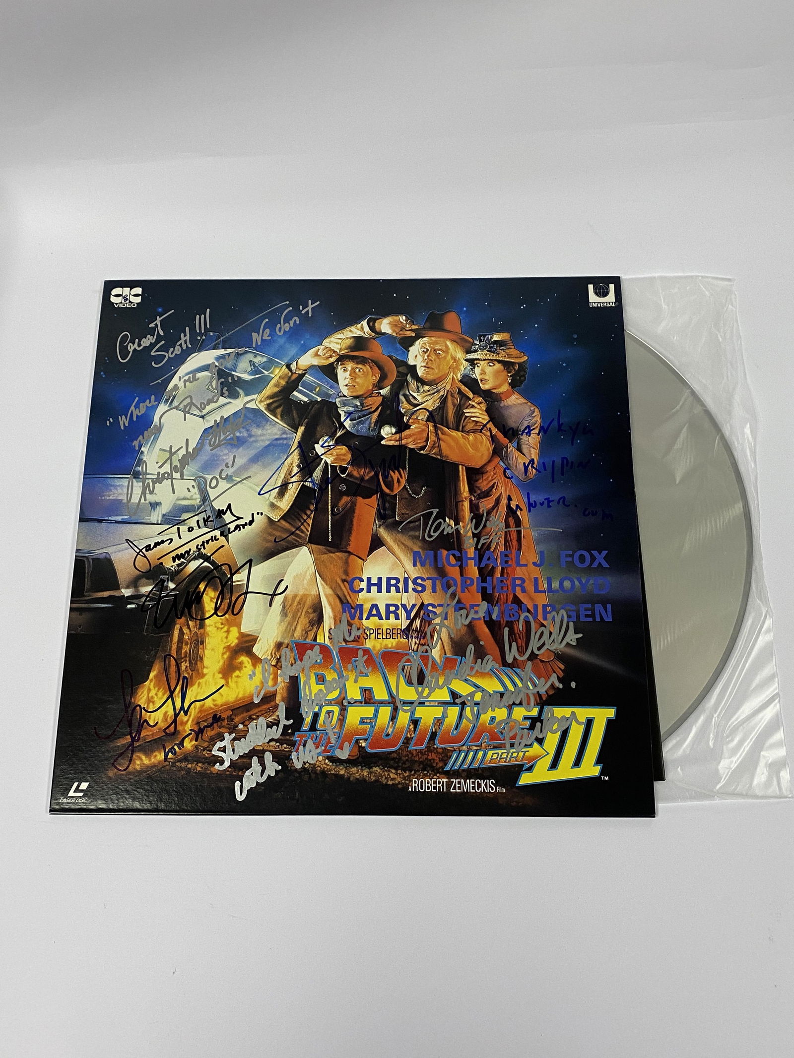 Autograph Back To Future III Vinyl: Category: CollectiblesAutograph: Michael J Fox, Christopher Lloyd, Lea Thompson, Tom Wilson, Claudia Wells, James Tolkan, Steven Spielberg, Crispin Glover Item Condition: Brand New