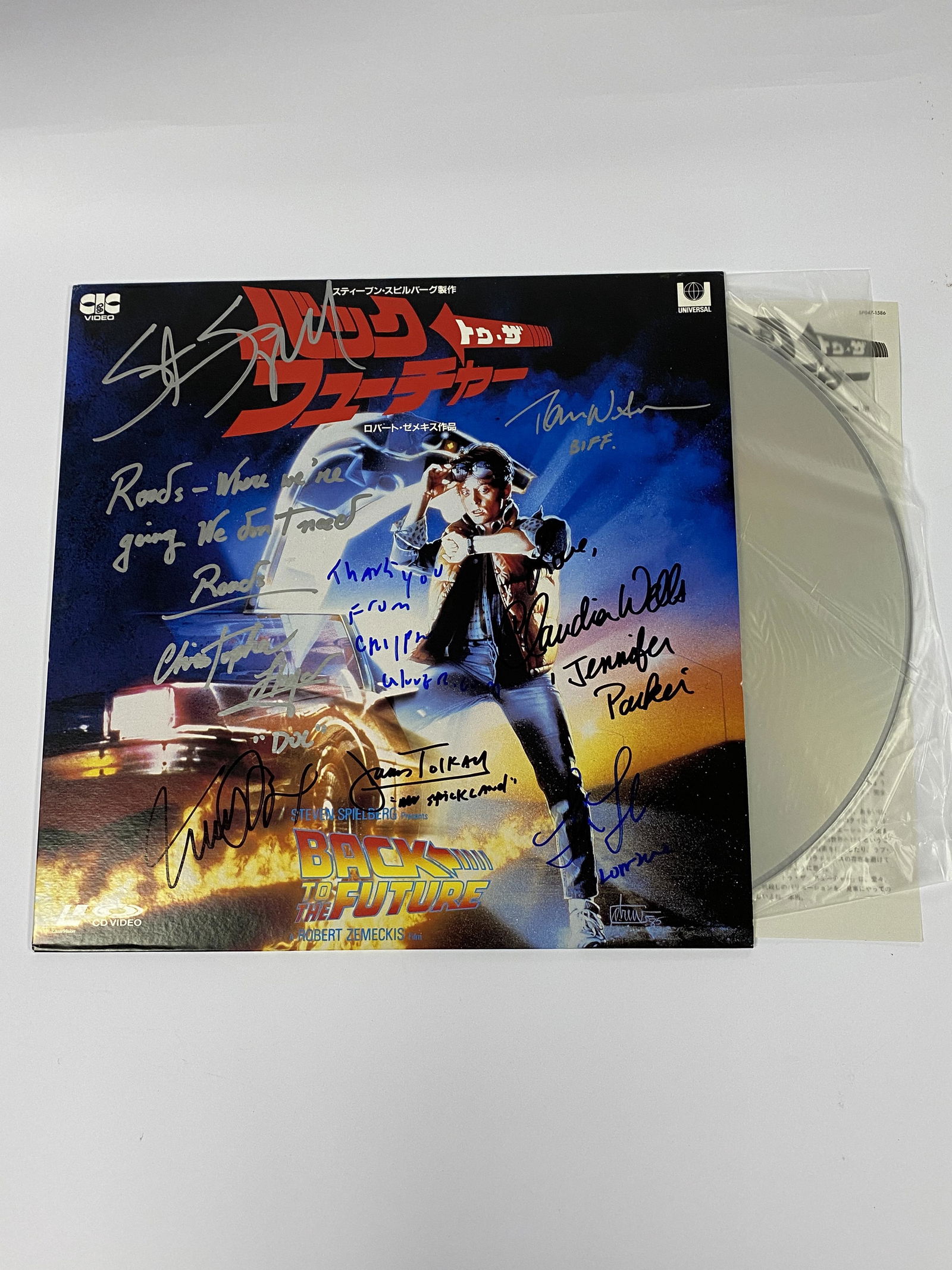 Autograph Back To Future Vinyl: Category: CollectiblesAutograph: Michael J Fox, Christopher Lloyd, Lea Thompson, Tom Wilson, Claudia Wells, James Tolkan, Steven Spielberg, Crispin Glover Item Condition: Brand New