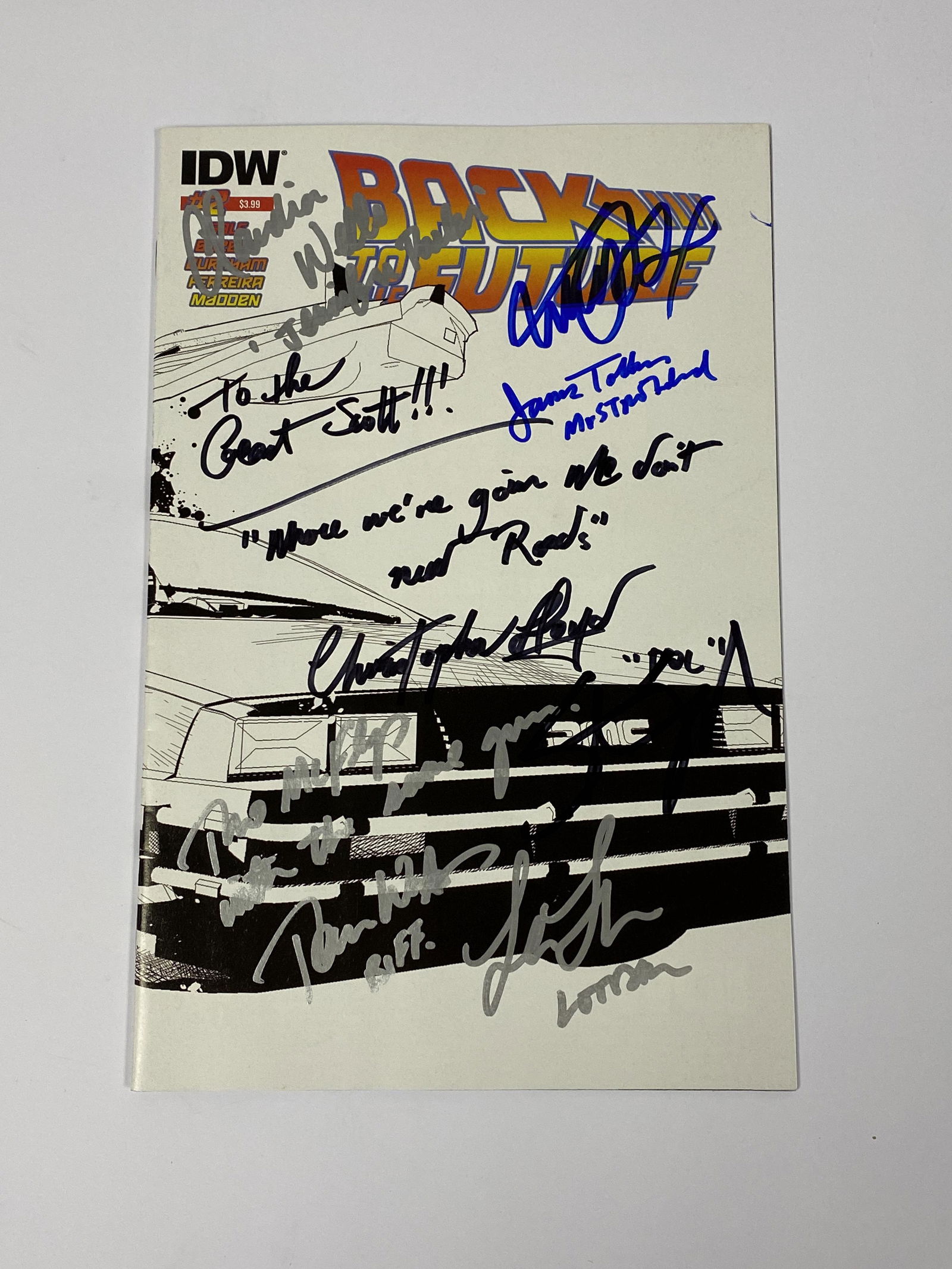 Autograph Back to Future comic book: Category: CollectiblesAutograph: Christopher Lloyd, Lea Thompson, Crispin Glover, Claudia Wells, James Tolkan, Tom Wilson, Steven Spielberg Item Condition: Brand New