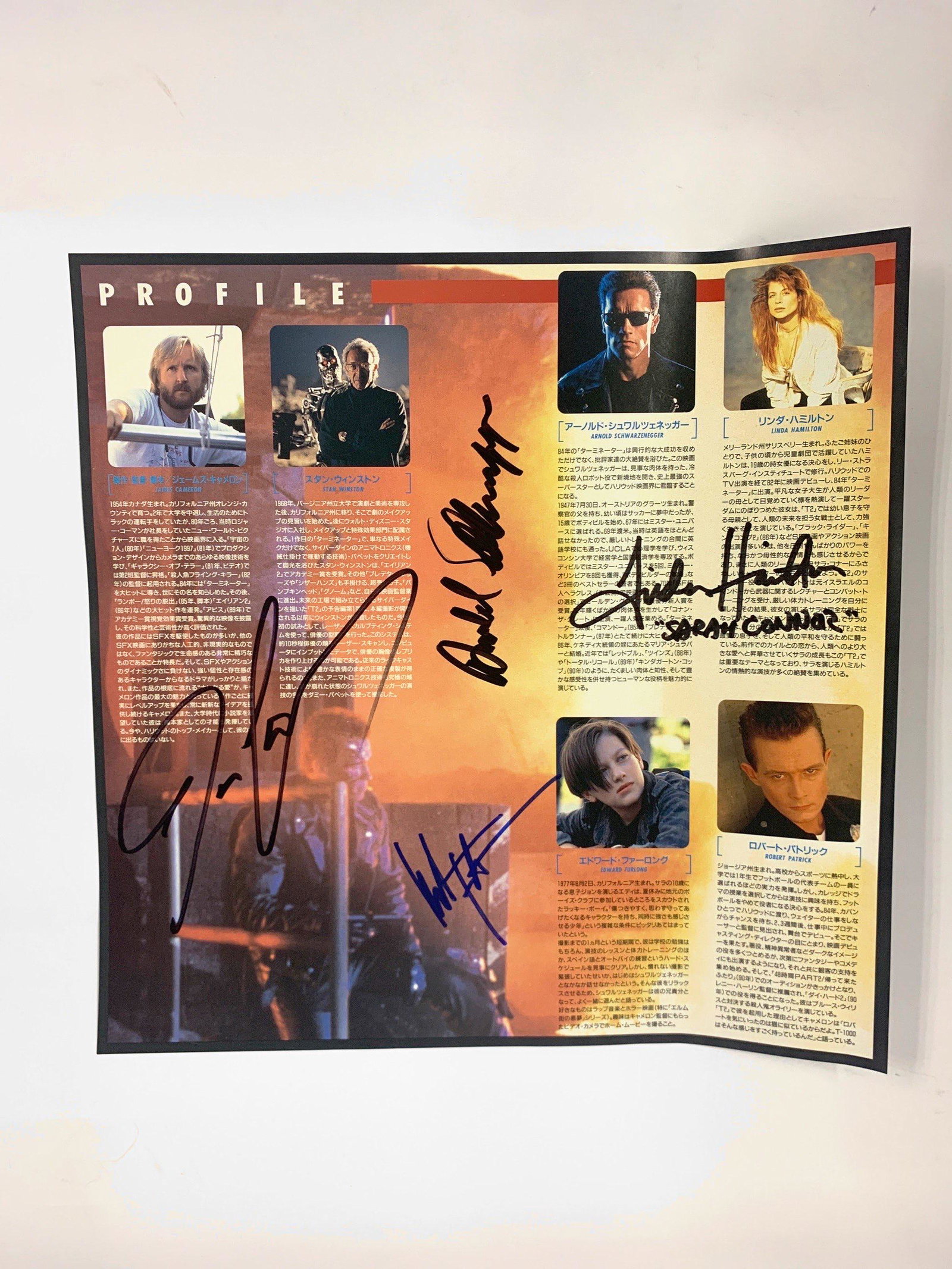 Autograph Terminator Print: Category: CollectiblesAutograph: Arnold Schwarzenegger, Linda Hamilton, Edward Furlong, James Cameron Item Condition: Brand New