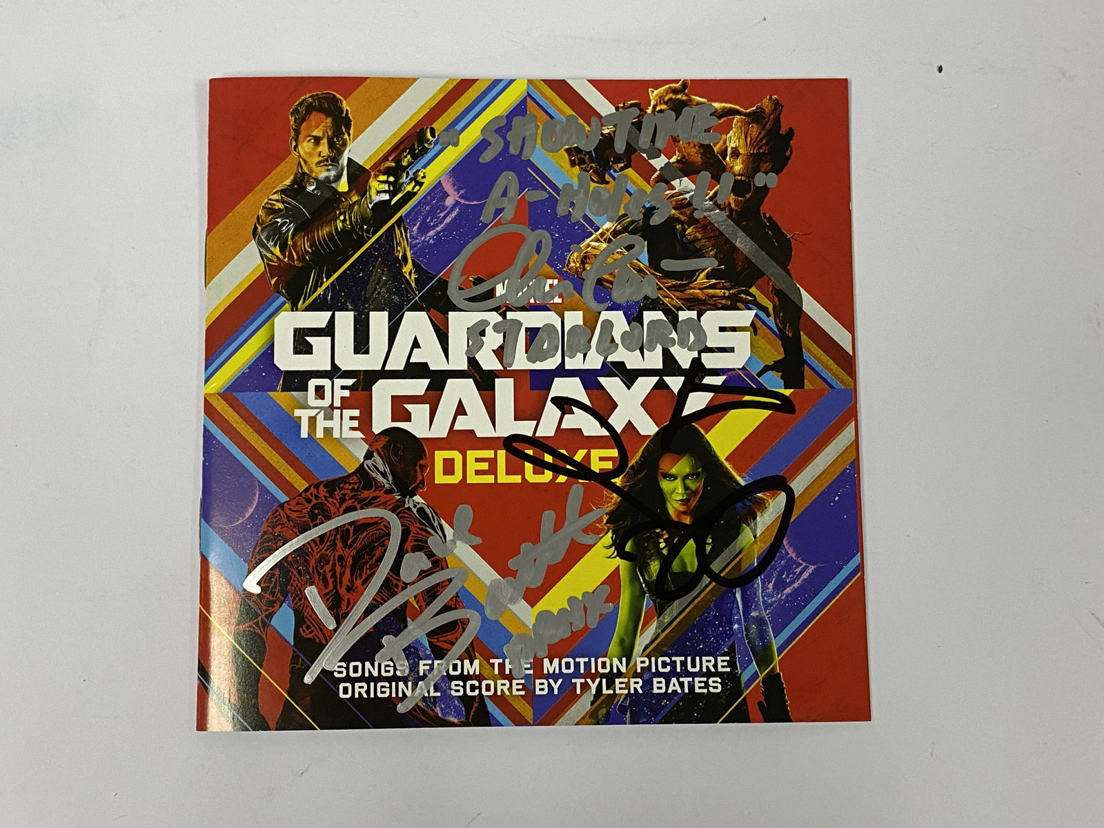 Autograph Guardians of the Galaxy CD Album: Category: CollectiblesAutograph: James Gunn, Karen Gillan, Chris Pratt, Zoe Saldana, Dave Baustita Item Condition: Brand New