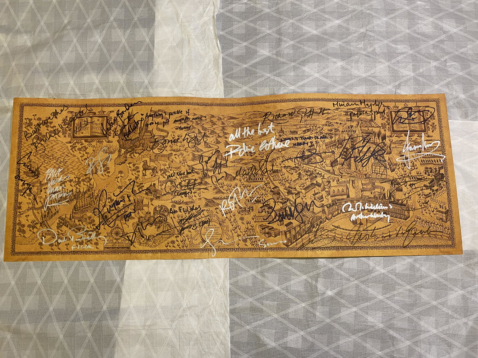 Autograph Harry Potter Map: Size: 10" x 22" Autograph: Daniel Radcliffe, Emma Watson, Rupert Grint, Robbie Coltrane, David Bradley, Fiona Shaw, Bonnie Wright, David Thewlis, Oliver Phelps, James Phelps, JK Rowling, Evanna Lynch,
