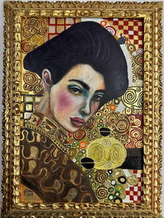 Gustav Klimt (Oil on Canvas Painting) in the style of: Gustav Klimt appears in Lower Left of the painting. Rendered in the style of Gustav Klimt. Technique: Oil on Canvas Painting. Measures: 29 x 21 Inches. Provenance:Private Collection . This is not a