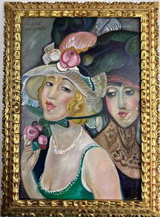 Gerda Wegener (Oil on Canvas Painting) in the style of: Gustav Klimt appears in upper Left of the painting. Rendered in the style of Gerda Wegener. Technique: Oil on Canvas Painting. Measures: 29 x 21 Inches. Provenance: Private Collector. A Certificate