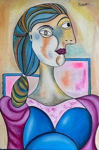 Pablo Picasso (Oil on Canvas Painting) in the style of: Pablo Picasso appears in Upper Right. Rendered in the Cubist style of Pablo Picasso. Technique: Oil on Canvas Painting. Measures: 15 x 23 Inches. Provenance: Private Collector. A Certificate