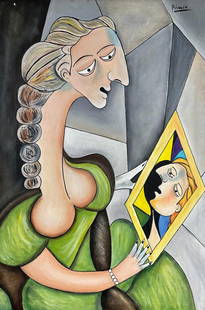 Pablo Picasso (Oil on Canvas Painting) in the style of: Pablo Picasso appears in Upper Right. Rendered in the Cubist style of Pablo Picasso. Technique: Oil on Canvas Painting. Measures: 15 x 23 Inches. Provenance: Private Collector. A Certificate