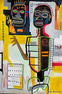 Jean Michel Basquiat (Oil on Canvas Painting) in the style of: Jean Michel Basquiat appears at the Lower Right of the painting .Rendered in the style of Jean Michel Basquiat. Technique: Oil on Canvas Painting. Measures: 15 x 23 Inches. Provenance:Private