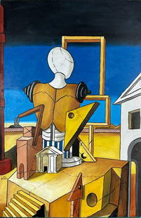 Giorgio De Chirico (Oil on Canvas Painting) in the style of: Giorgio de Chirico appears in lower left. Rendered in the neoclassical style of Giorgio de Chirico. Technique: Oil on Canvas Painting. Measures: 15 x 23 Inches. Provenance: Private Collector. A