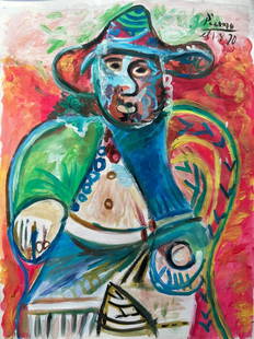 Pablo Picasso (Oil on Paper) in the style of: Pablo Picasso appears in Upper Right. Rendered in the Cubist style of Pablo Picasso. Technique: Mixed media on paper. Measures: 9 x 11 Inches. Provenance: Private Collector. A Certificate Accompanies