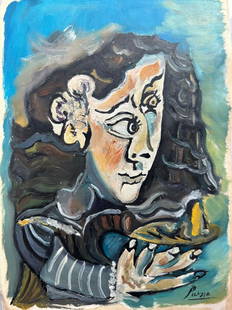 Pablo Picasso (Oil on Paper Painting) in the style of: Pablo Picasso appears in Lower Right. Rendered in the Cubist style of Pablo Picasso. Technique: Oil on Paper Painting. Measures: 12 x 8 Inches. Provenance: Private Collector. A Certificate