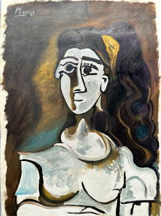 Pablo Picasso (Mixed media on Paper Painting) in the style of: Pablo Picasso appears in Upper Left. Rendered in the Cubist style of Pablo Picasso. Technique: Mixed media on Paper Painting. Measures: 12 x 8 Inches. Provenance: Private Collector. A Certificate