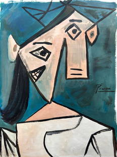 Pablo Picasso (Mixed media on Paper Painting) in the style of: Pablo Picasso appears in Middle Right. Rendered in the Cubist style of Pablo Picasso. Technique: Mixed media on Paper Painting. Measures: 11 x 8 Inches. Provenance: Private Collector. A Certificate