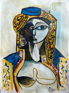 Pablo Picasso (Mixed media on Paper Painting) in the style of: Pablo Picasso appears in Lower Right. Rendered in the Cubist style of Pablo Picasso. Technique: Mixed media on Paper Painting. Measures: 12 x 9 Inches. Provenance: Private Collector. A Certificate