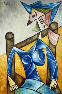 Pablo Picasso (Oil on Canvas Painting ) in the style of: Pablo Picasso appears in Upper Left. Rendered in the Cubist style of Pablo Picasso. Technique: Oil on Canvas Painting. Measures: 15 x 23 Inches. Provenance: Private Collector. A Certificate