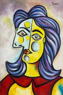 Pablo Picasso (Oil on Canvas Painting ) in the style of: Pablo Picasso appears in Upper Right. Rendered in the Cubist style of Pablo Picasso. Technique: Oil on Canvas Painting. Measures: 15 x 23 Inches. Provenance: Private Collector. A Certificate