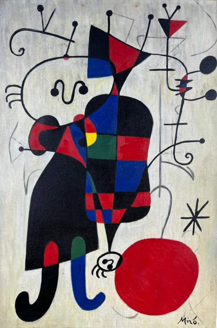 Joan Miro Spanish (Oil on Canvas Painting) in the style of: Miro appears in the Lower Right of the painting. Rendered in the surrealist style of Joan Miro. Technique: Oil on Canvas Painting. Measures: 15 x 23 Inches. Provenance: From Mr Aritz Campero , Private