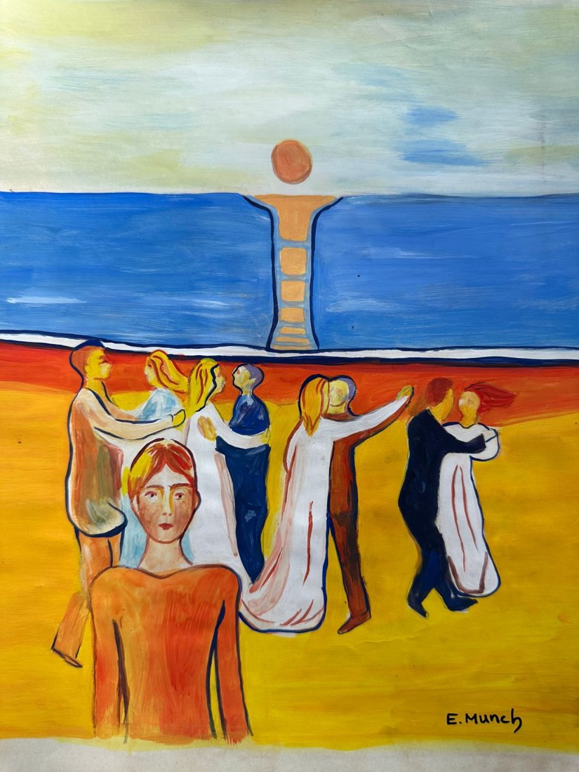 Edvard Munch (Mixed Media on Paper Painting) in the style of: Edvard Munch appears in the lower Right of the painting. Rendered in the style of Edvard Munch . Technique: Mixed media on Paper Painting. Measures: 9 x 12 Inches. Provenance: Private Collection. A Ce