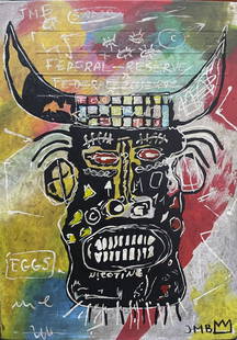 Jean Michel Basquiat American (Mixed media on Cardboard Painting) in the style of: Rendered in the style of Jean Michel Basquiat. Technique: Mixed media on Cardboard Painting. Measures:11 3/4 x 8 1/4 Inches. Provenance:Private Collection."In the style of" means after the artist.