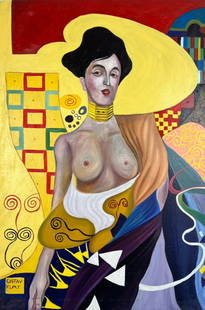 Gustav Klimt (Oil on Canvas Painting) in the style of: Rendered in the style of Gustav Klimt. Technique: Oil on Canvas Painting. Measures: 23 x 15 Inches. Provenance:Private Collection. The Painting is framed. "In the style of" means after the artist