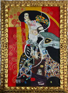 Gustav Klimt (Oil on Canvas Painting) in the style of: Rendered in the style of Gustav Klimt. Technique: Oil on Canvas Painting. Measures: 29 x 21 Inches. Provenance:Private Collection. The Painting is framed. "In the style of" means after the artist.