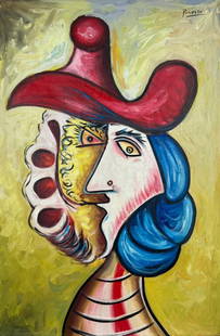 Pablo Picasso (Oil on Canvas Painting) in the style of: Rendered in the Cubist style of Pablo Picasso. Technique: Oil on Canvas Painting. Measures: 15 x 23 Inches. Provenance: Private Collector. "In the style of" means after the artist. The Painting is