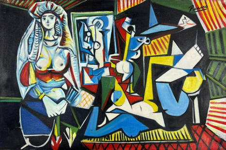 Pablo Picasso (Oil on Canvas Painting) in the style of: Rendered in the Cubist style of Pablo Picasso. Technique: Oil on Canvas Painting. Measures: 15 x 23 Inches. Provenance: Private Collector. "In the style of" means after the artist. The Painting is fra