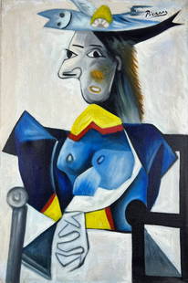 Pablo Picasso (Oil on Canvas Painting) in the style of: Rendered in the Cubist style of Pablo Picasso. Technique: Oil on Canvas Painting. Measures: 15 x 23 Inches. Provenance: Private Collector. "In the style of" means after the artist. The Painting is