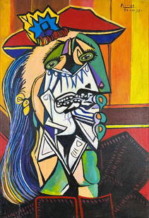 Pablo Picasso (Oil on Canvas Painting) in the style of: Rendered in the Cubist style of Pablo Picasso. Technique: Oil on Canvas Painting. Measures: 15 x 23 Inches. Provenance: Private Collector. "In the style of" means after the artist. The Painting is