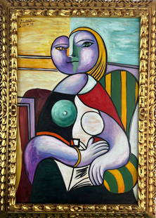 Pablo Picasso (Oil on Canvas Painting) in the style of: Rendered in the Cubist style of Pablo Picasso. Technique: Oil on Canvas Painting. Measures: 21 x 29 Inches. Provenance: Private Collector. "In the style of" means after the artist. The Painting is