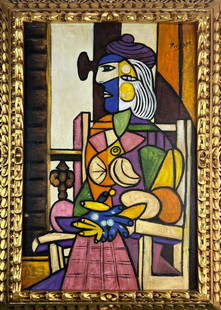 Pablo Picasso (Oil on Canvas Painting) in the style of: Rendered in the Cubist style of Pablo Picasso. Technique: Oil on Canvas Painting. Measures: 21 x 29 Inches. Provenance: Private Collector. "In the style of" means after the artist. The Painting is