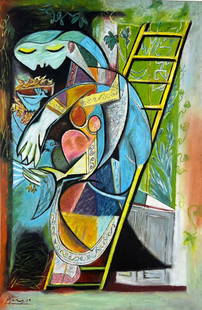 Pablo Picasso (Oil on Canvas Painting) in the style of: Rendered in the Cubist style of Pablo Picasso. Technique: Oil on Canvas Painting. Measures: 18 x 12 Inches. Provenance: Private Collector. "In the style of" means after the artist. Picasso lived