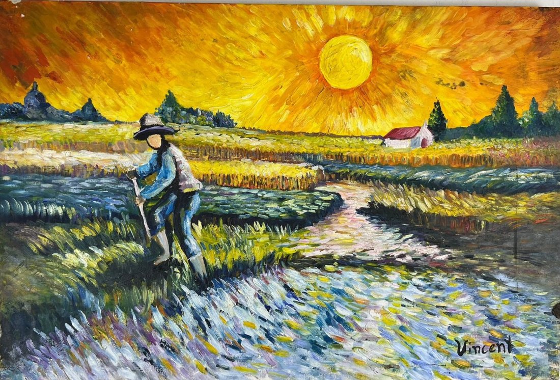 Vincent van Gogh Dutch (Oil on Canvas Painting) in the style of: Rendered in the style of Vincent van Gogh. Technique: Oil on Canvas painting. Measures: 15 x 23 Inches. Provenance: Private collection Europe. "In the style of" means after the artist. The work is fra
