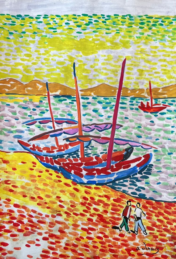 Andre Derain (Mixed media on Paper Painting ) in the style of: Rendered in the style of Andre Derain: Mixed media on paper painting. Measures: 11 x 8.Provenance: Private Collection France. "In the style of" means after the artist. Lived Between(10 June 1880 - 8 S