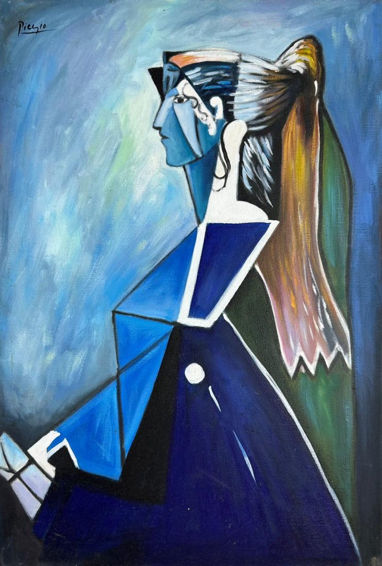 Pablo Picasso (Oil on Canvas Painting) in the style of: Rendered in the Cubist style of Pablo Picasso. Technique: Oil on Canvas Painting. Measures: 15 x 23 Inches. Provenance: Private Collector. "In the style of" means after the artist. The Painting is fra