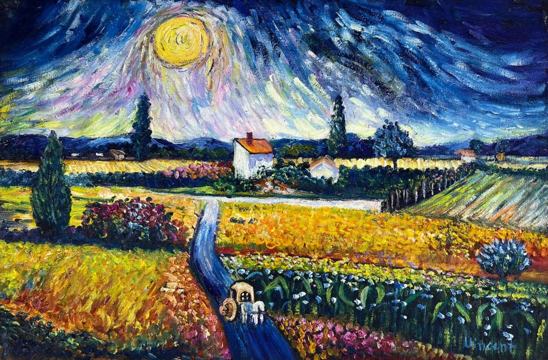Vincent van Gogh Dutch (Oil on Canvas Painting) in the style of: Rendered in the style of Vincent van Gogh. Technique: Oil on Canvas painting. Measures: 15 x 23 Inches. Provenance: Private collection Europe. "In the style of" means after the artist. The work is fra